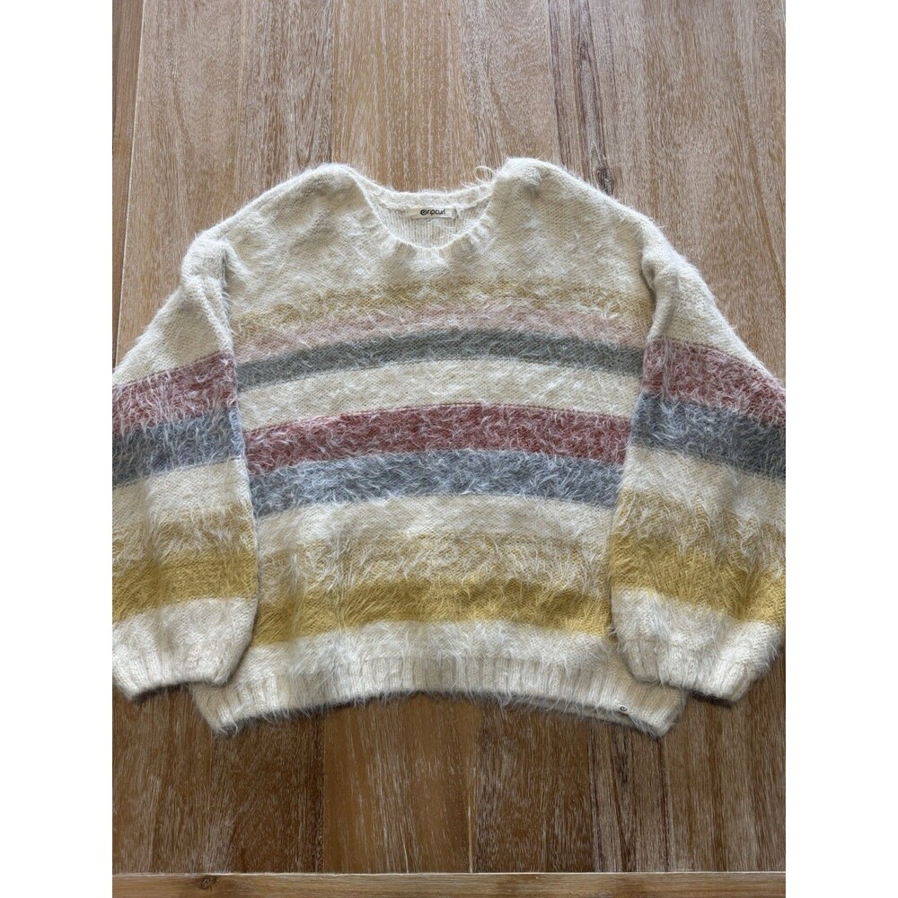 Rip Curl Sunset Waves Stripe Fuzzy Knit Sweater Womens XL Pastel Striped